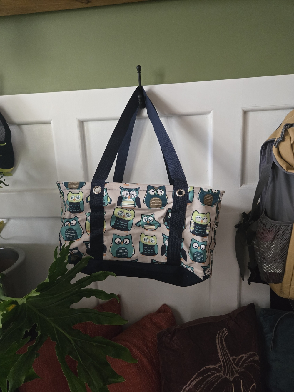 thirty-one Owl Print Canvas Tote in Teal, Cream and Navy